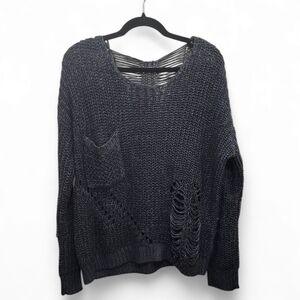 J.J. Basics heavily distressed loose knit sweater in charcoal gray soft black M
